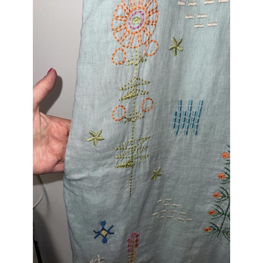 Johnny Was Biya Elektra Dress Embroidered Floral Linen Button Front Sz M Blue - Picture 9 of 11